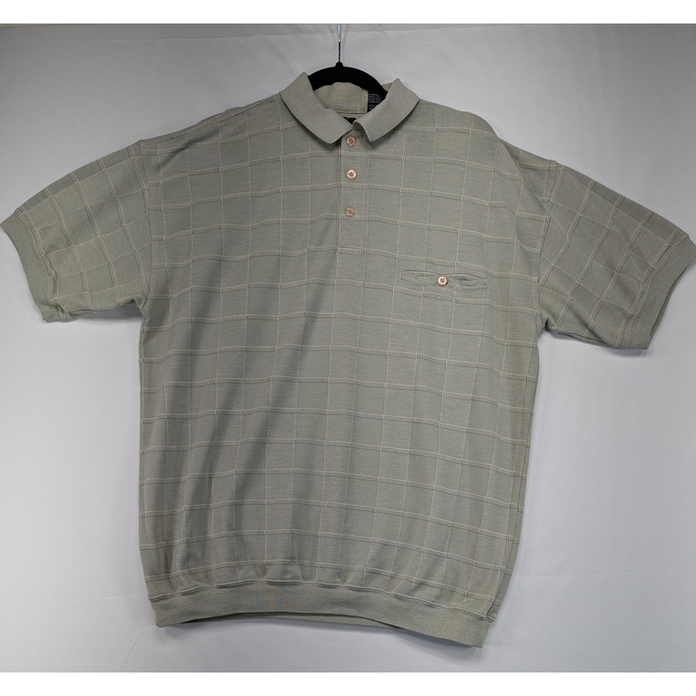 SRT Easy‎ Care Mens XL Short Sleeve Polo Shirt Textured Grid Pattern Beige